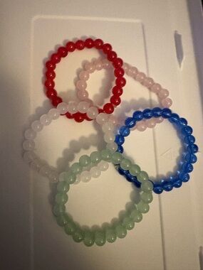 Set of 5 Beaded Stretch Bracelets - Red, Pink, White, Blue, Green
